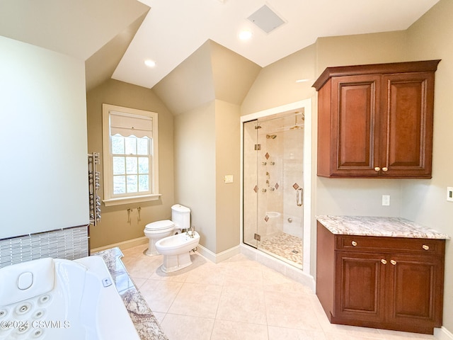 bathroom featuring a bidet, an enclosed shower, tile patterned floors, toilet, and vaulted ceiling