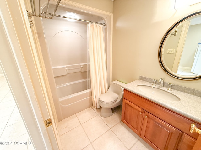 full bathroom with vanity, tile patterned floors, toilet, and shower / bathtub combination with curtain