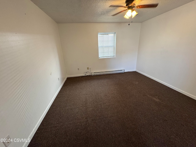 empty room with a baseboard heating unit, ceiling fan, a textured ceiling, and carpet floors