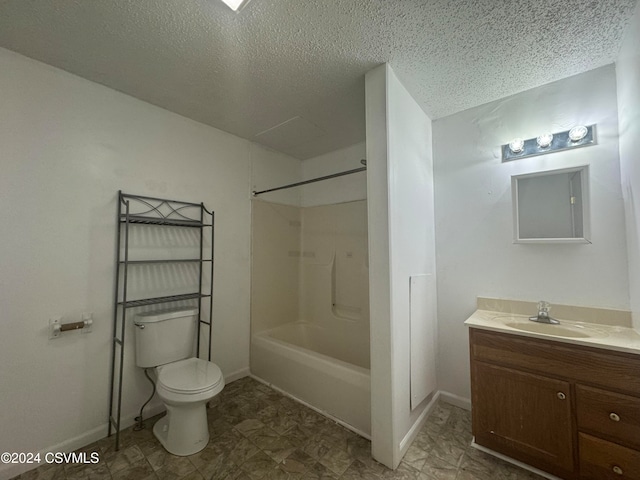 full bathroom featuring vanity, toilet, a textured ceiling, and tub / shower combination