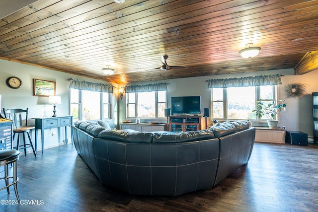 living room featuring wood ceiling and dark wood-type flooring