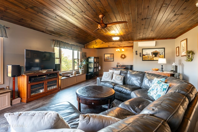 living room with wood ceiling, vaulted ceiling, an AC wall unit, and hardwood / wood-style flooring