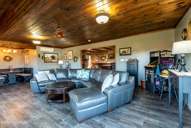 living room featuring wood ceiling, ceiling fan, a wall mounted air conditioner, and hardwood / wood-style floors