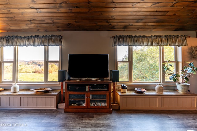 living room with lofted ceiling, wooden ceiling, and dark hardwood / wood-style flooring