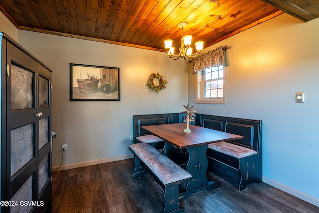 dining room featuring wood ceiling, dark hardwood / wood-style flooring, and a notable chandelier