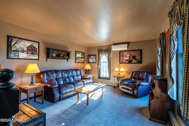 carpeted living room featuring a baseboard heating unit and a wall unit AC