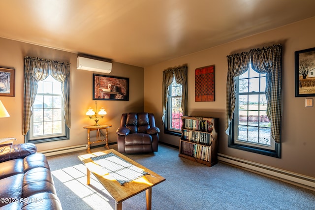 carpeted living room with baseboard heating, a healthy amount of sunlight, and a wall mounted AC