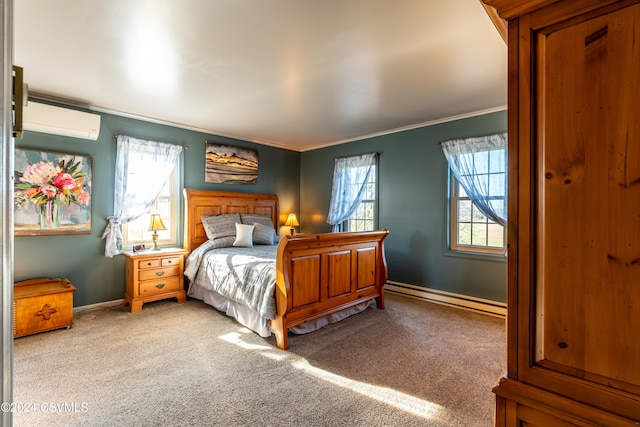 carpeted bedroom featuring crown molding, a baseboard radiator, and a wall unit AC