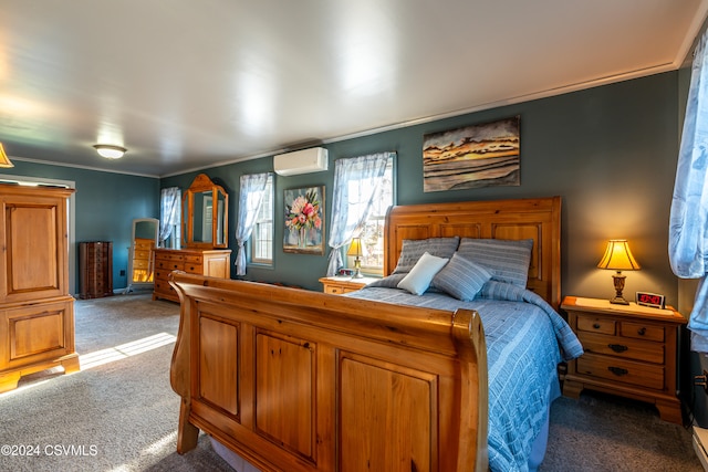 bedroom featuring crown molding, a wall mounted AC, and carpet flooring