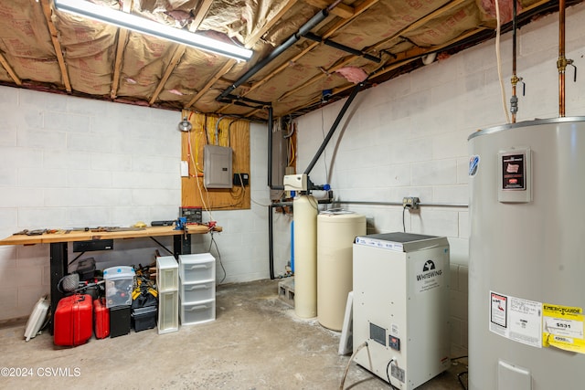 basement featuring electric panel and electric water heater