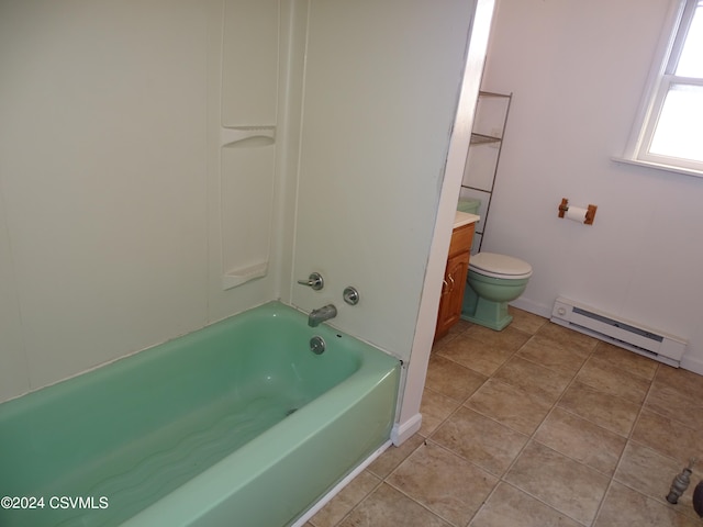 full bathroom with a baseboard radiator, toilet, tile patterned floors, vanity, and tub / shower combination