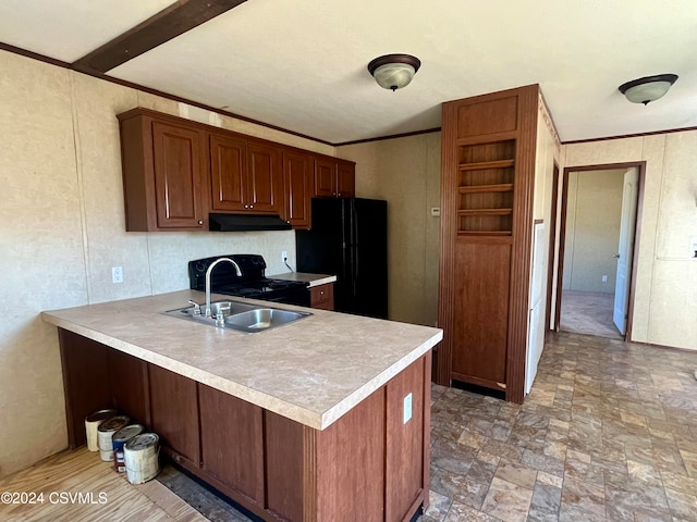 kitchen with ornamental molding, sink, kitchen peninsula, and black appliances