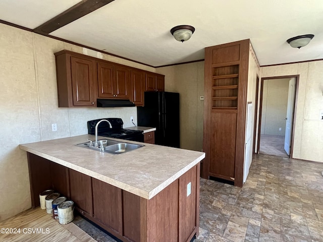 595 N 8th St, Mifflinburg, PA 17844 - kitchen featuring black appliances, under cabinet range hood, a peninsula, light countertops, and ornamental molding