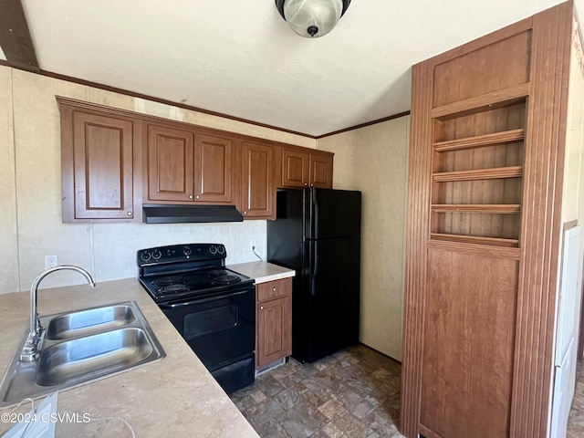 595 N 8th St, Mifflinburg, PA 17844 - kitchen with black appliances, under cabinet range hood, light countertops, brown cabinetry, and open shelves
