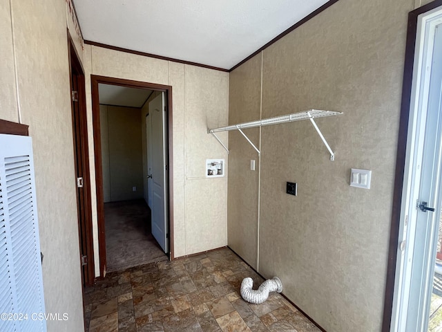 595 N 8th St, Mifflinburg, PA 17844 - washroom featuring electric dryer hookup, ornamental molding, a heating unit, stone finish flooring, and washer hookup