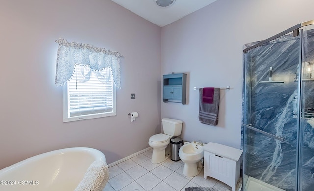 bathroom with toilet, a bidet, separate shower and tub, and tile patterned flooring