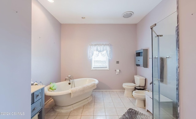 full bathroom featuring independent shower and bath, toilet, a bidet, vanity, and tile patterned floors