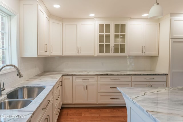 kitchen featuring tasteful backsplash, wood finished floors, a sink, white cabinets, and glass insert cabinets