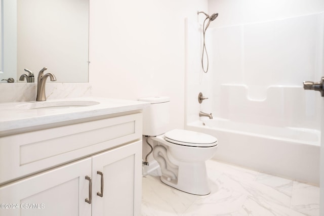 full bathroom featuring vanity, bathing tub / shower combination, and toilet