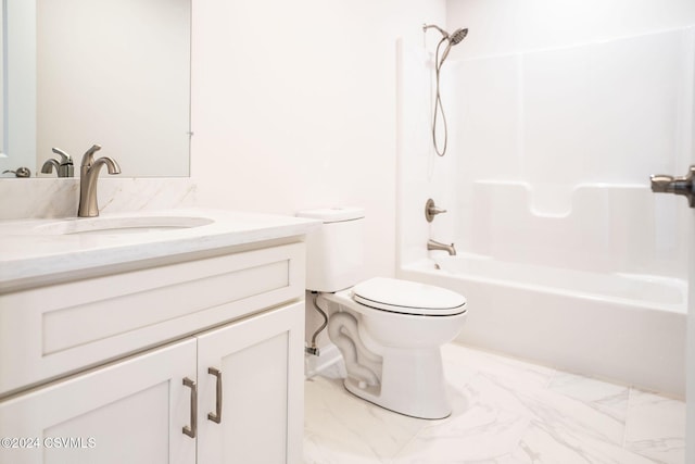 bathroom with toilet, shower / washtub combination, marble finish floor, and vanity