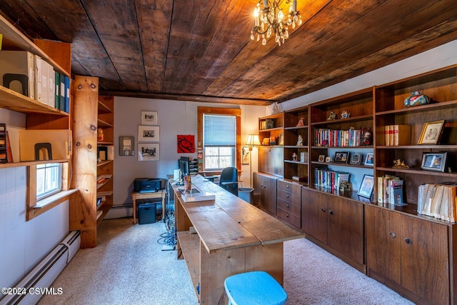 office featuring wood ceiling, light carpet, a baseboard radiator, and a chandelier