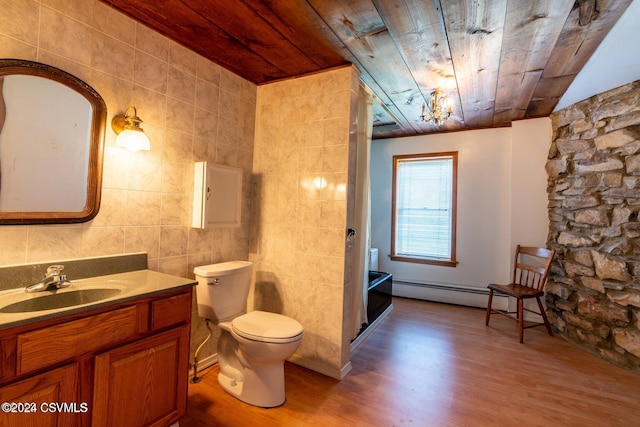 bathroom with wood ceiling, toilet, baseboard heating, wood-type flooring, and vanity