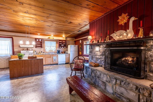 living room with a stone fireplace, wood ceiling, and wooden walls