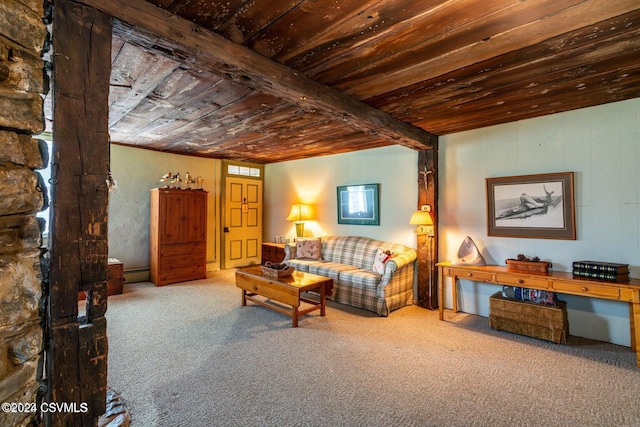 living room featuring carpet flooring, beam ceiling, wooden ceiling, and baseboard heating