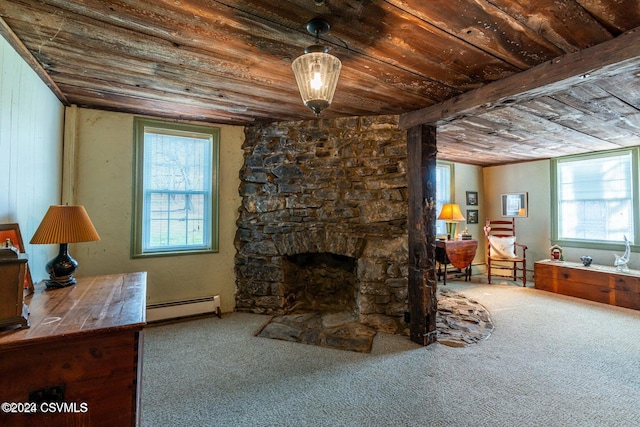 carpeted living room featuring baseboard heating, wooden ceiling, and plenty of natural light