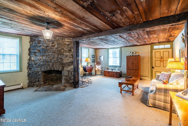 carpeted living room with wood ceiling, a stone fireplace, beamed ceiling, and baseboard heating