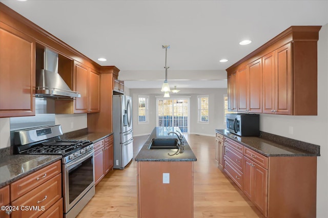 kitchen with appliances with stainless steel finishes, sink, wall chimney exhaust hood, and light hardwood / wood-style flooring