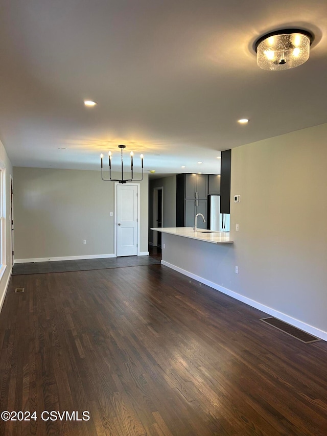 unfurnished living room with sink and dark hardwood / wood-style floors