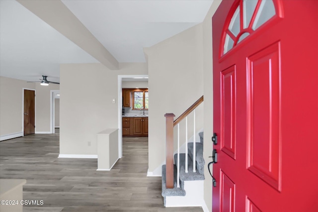 entryway with ceiling fan, hardwood / wood-style flooring, and sink