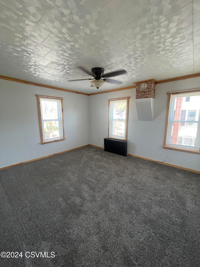 spare room featuring radiator, a healthy amount of sunlight, and carpet floors