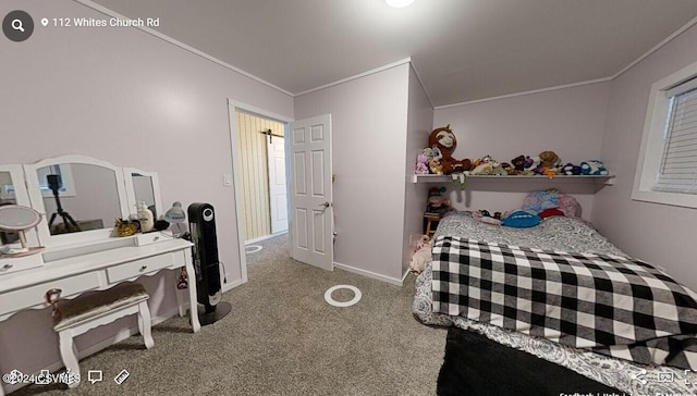 carpeted bedroom featuring ornamental molding