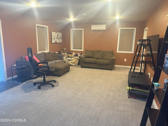 carpeted office featuring a wall unit AC