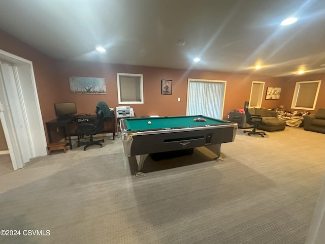 playroom featuring light carpet and billiards