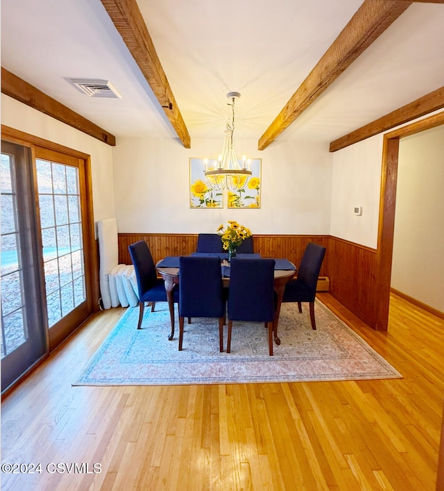 dining space with light wood-type flooring, wooden walls, a chandelier, and beam ceiling