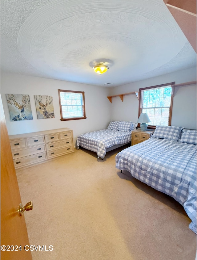 carpeted bedroom featuring a textured ceiling