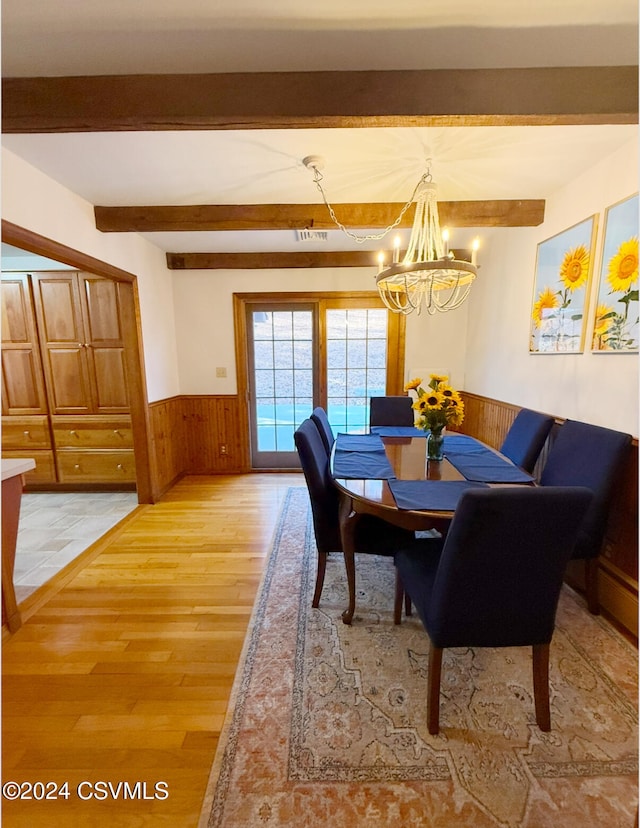 dining room with wood walls, wood-type flooring, a chandelier, and beam ceiling