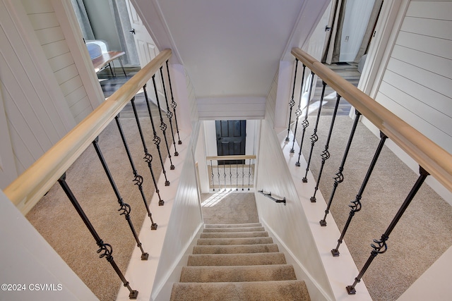 staircase with wood walls and carpet flooring