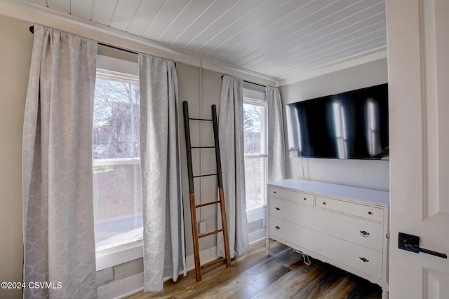 interior space with hardwood / wood-style floors, wooden ceiling, and multiple windows