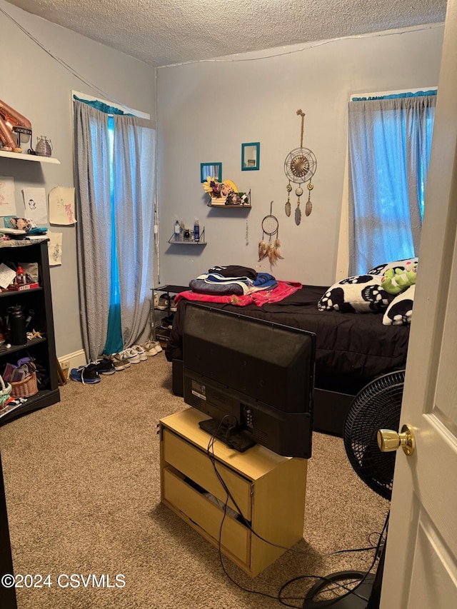 carpeted bedroom with a textured ceiling