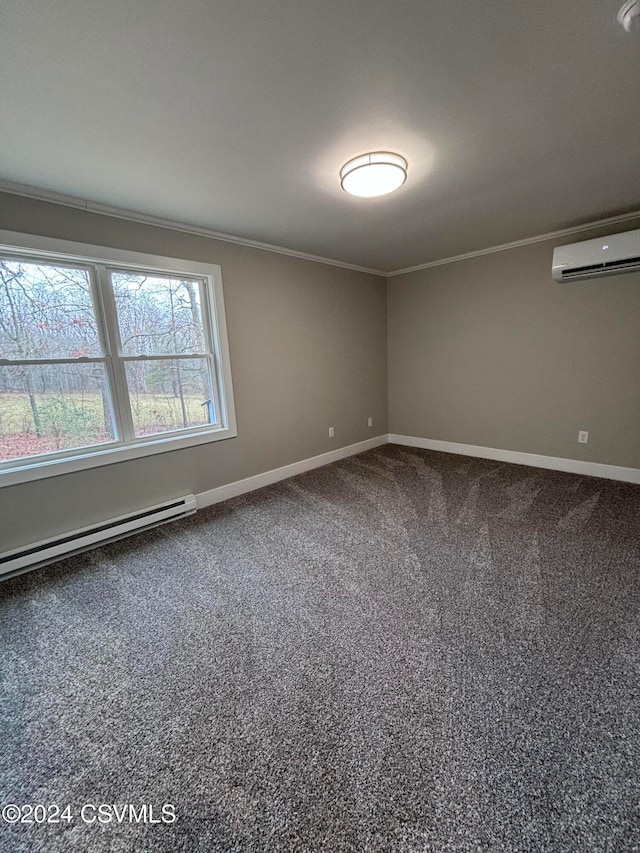 carpeted empty room with a baseboard heating unit, an AC wall unit, and ornamental molding