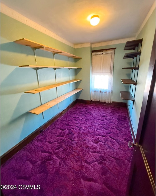 bedroom with carpet and crown molding