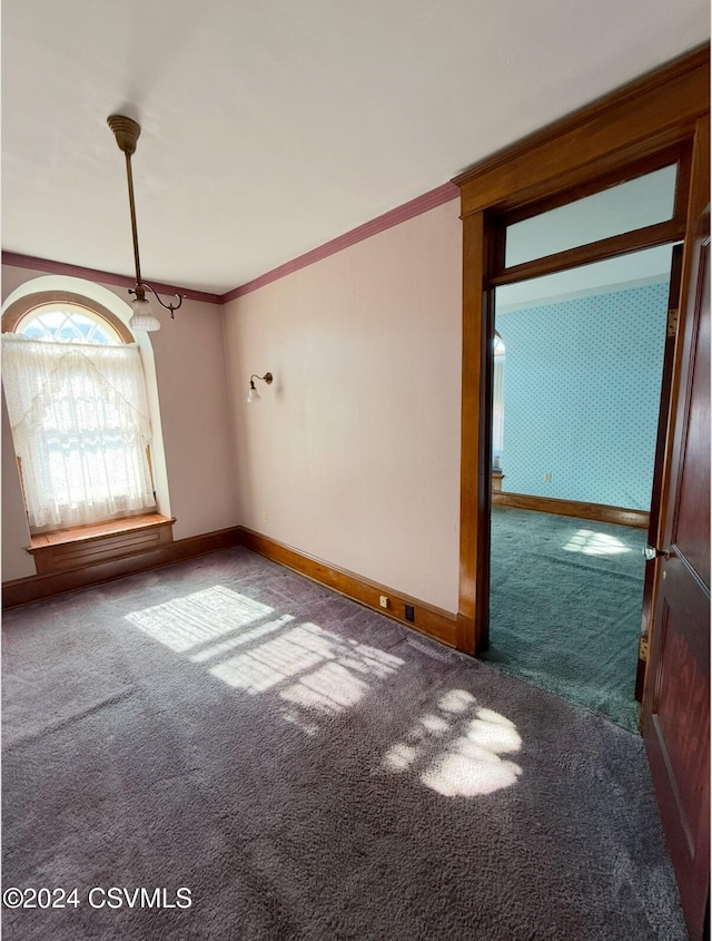 carpeted spare room with crown molding