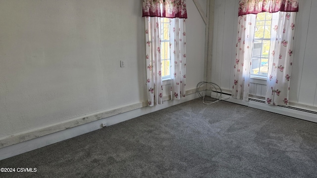 carpeted spare room with baseboard heating