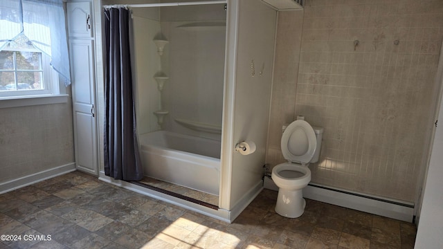 bathroom with toilet, a baseboard heating unit, and shower / bath combo