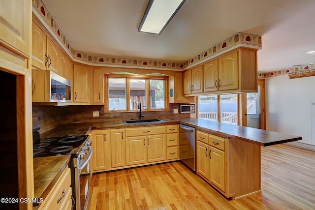 kitchen with sink, a kitchen breakfast bar, kitchen peninsula, appliances with stainless steel finishes, and light wood-type flooring