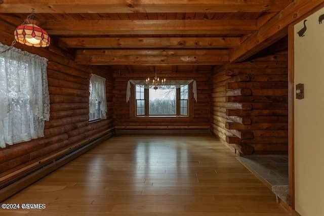 unfurnished room with log walls, hardwood / wood-style flooring, baseboard heating, and beamed ceiling